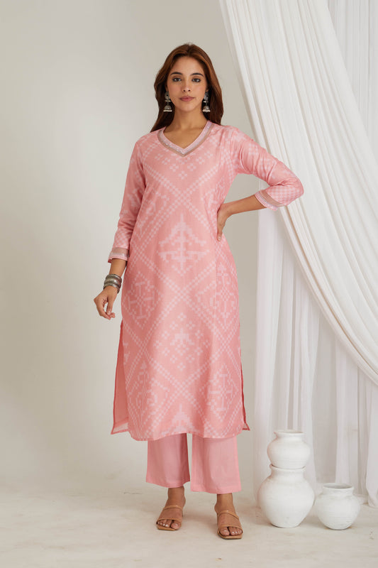 Pink Printed Chanderi Suit - Set of 3