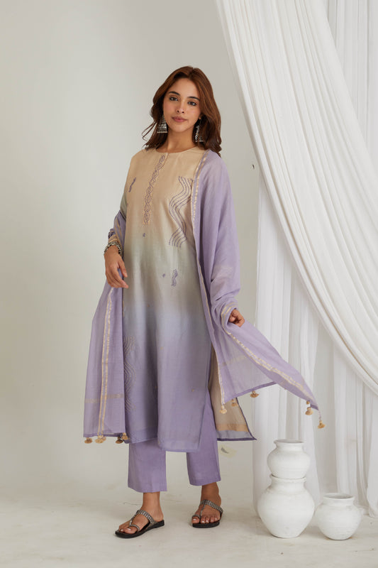 Blue Beige Chanderi Thread Work Suit - Set of 3