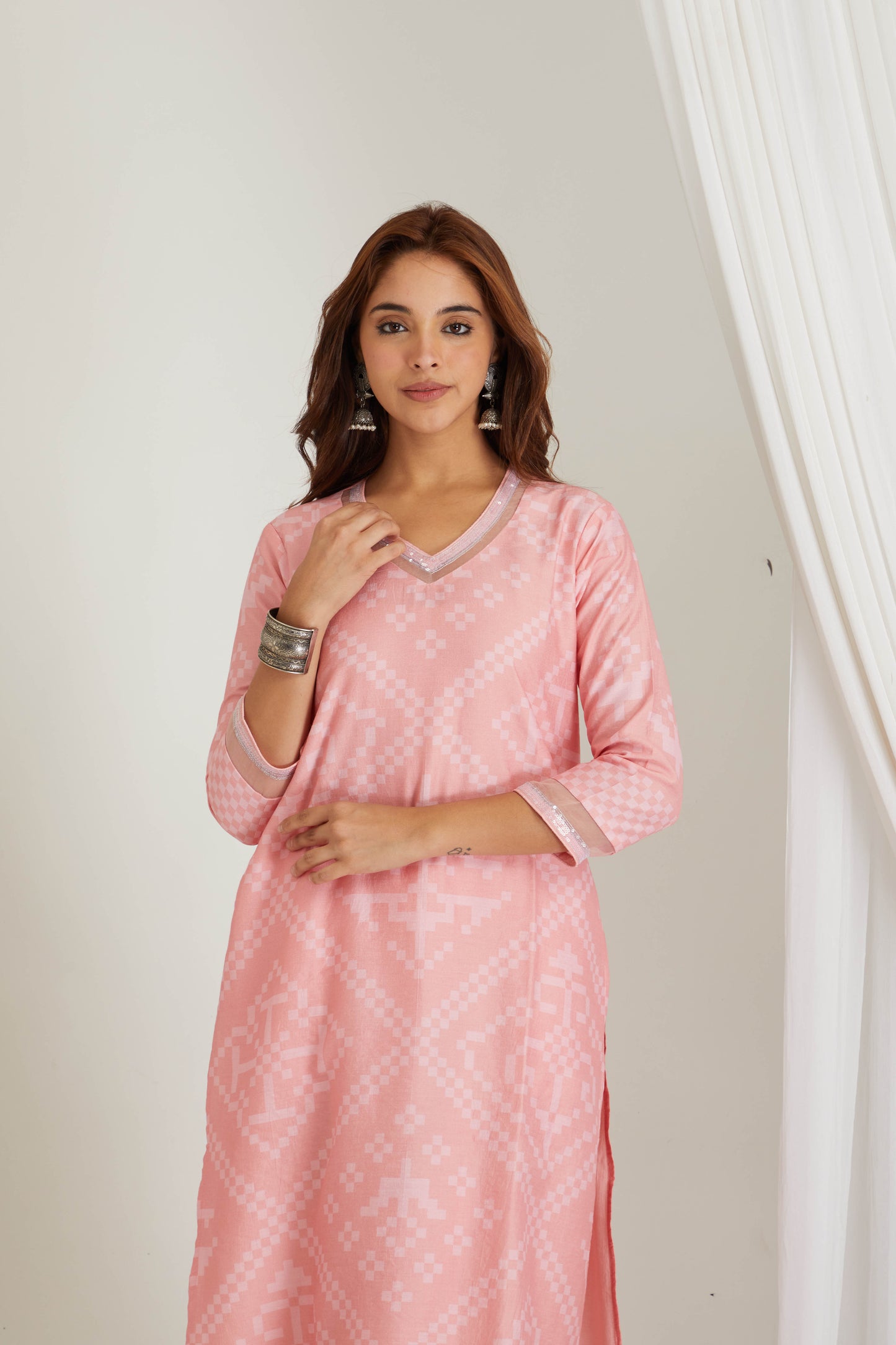 Pink Printed Chanderi Suit - Set of 3