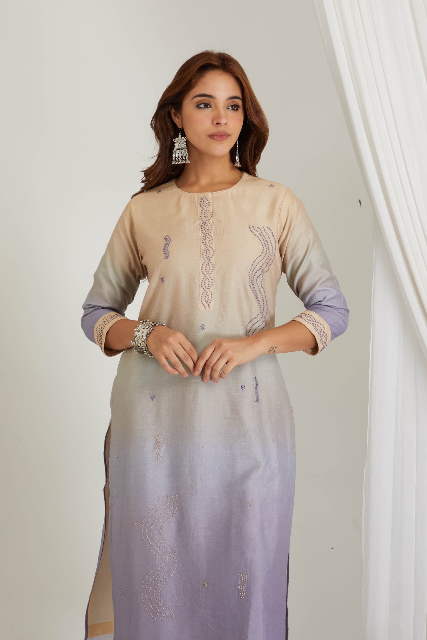 Blue Beige Chanderi Thread Work Suit - Set of 3