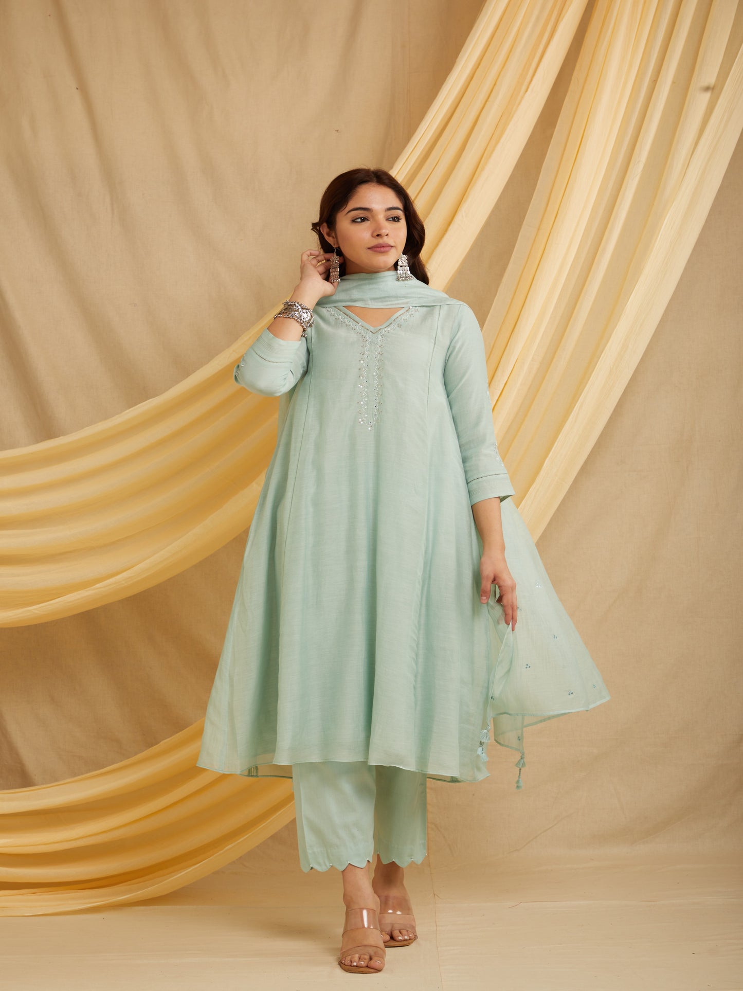 Mirror Neck Kurta Set - Light Blue