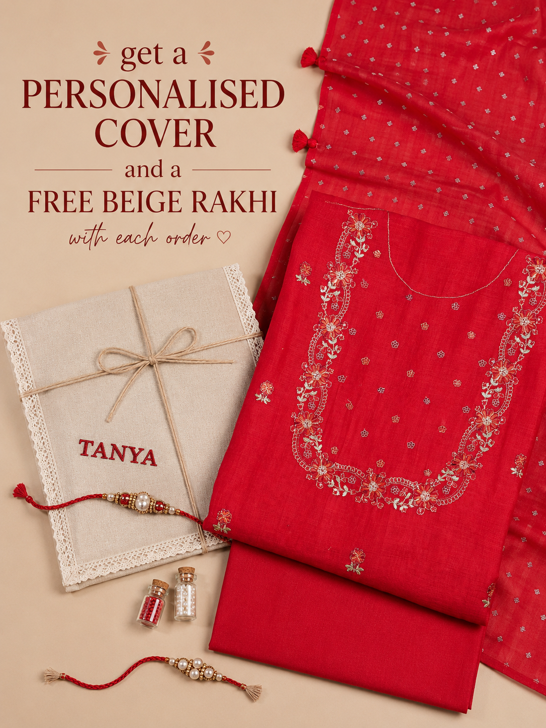 Pure Chanderi Red Yoke Emb Suit Piece