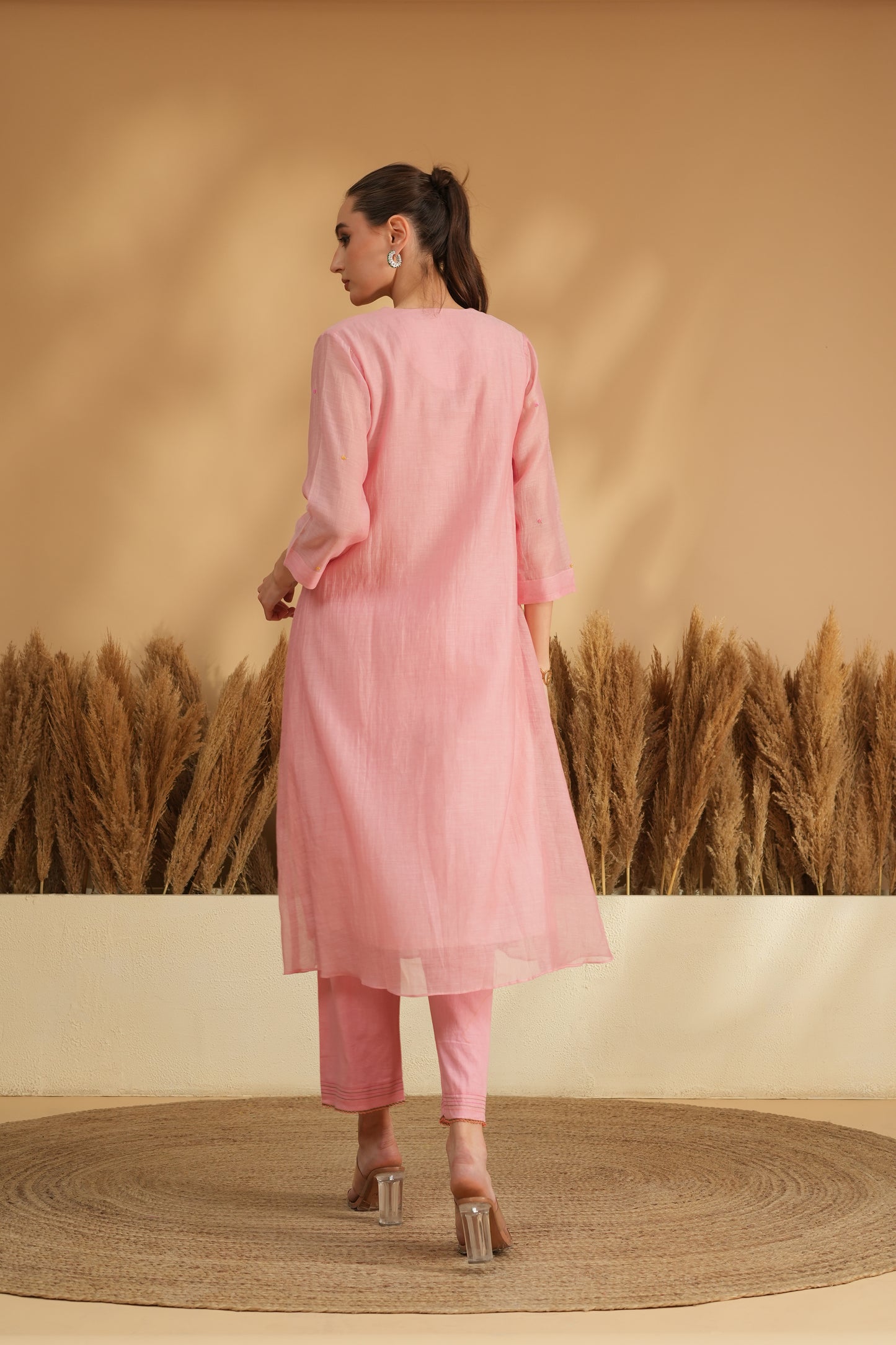 Gulbahaar U-Yoke Kurta Pant Set- Pink