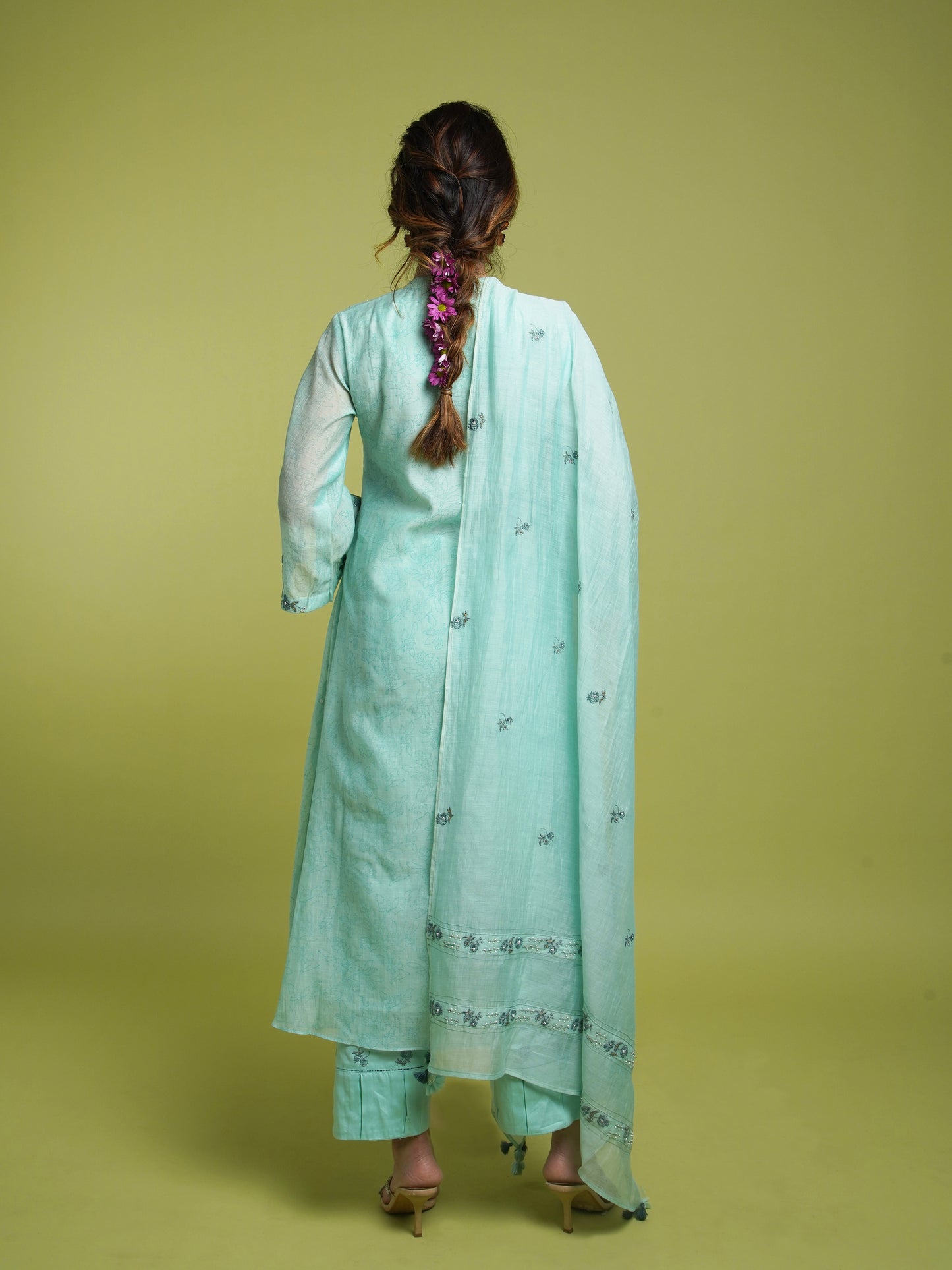 Pearl A-line Kurta Set- Firozi