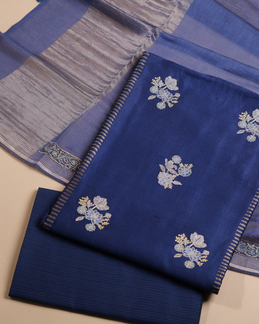 Pure Chanderi Blue Zari Stripes Suit Piece