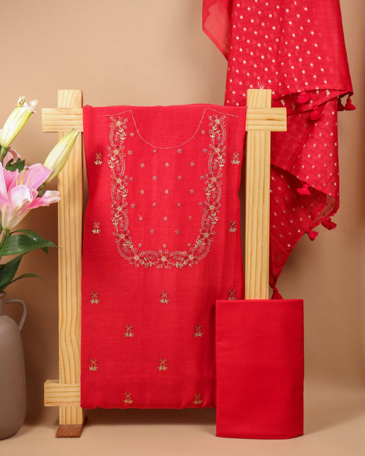 Pure Chanderi Red Yoke Emb Suit Piece