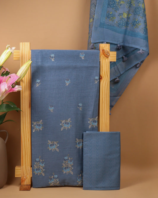 Pure Chanderi Blue Rose Suit Piece