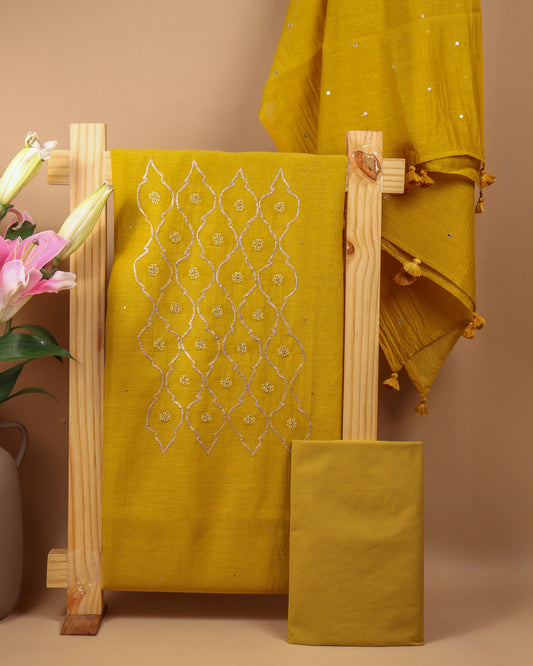 Pure Chanderi Yellow Gota Yoke Suit Piece