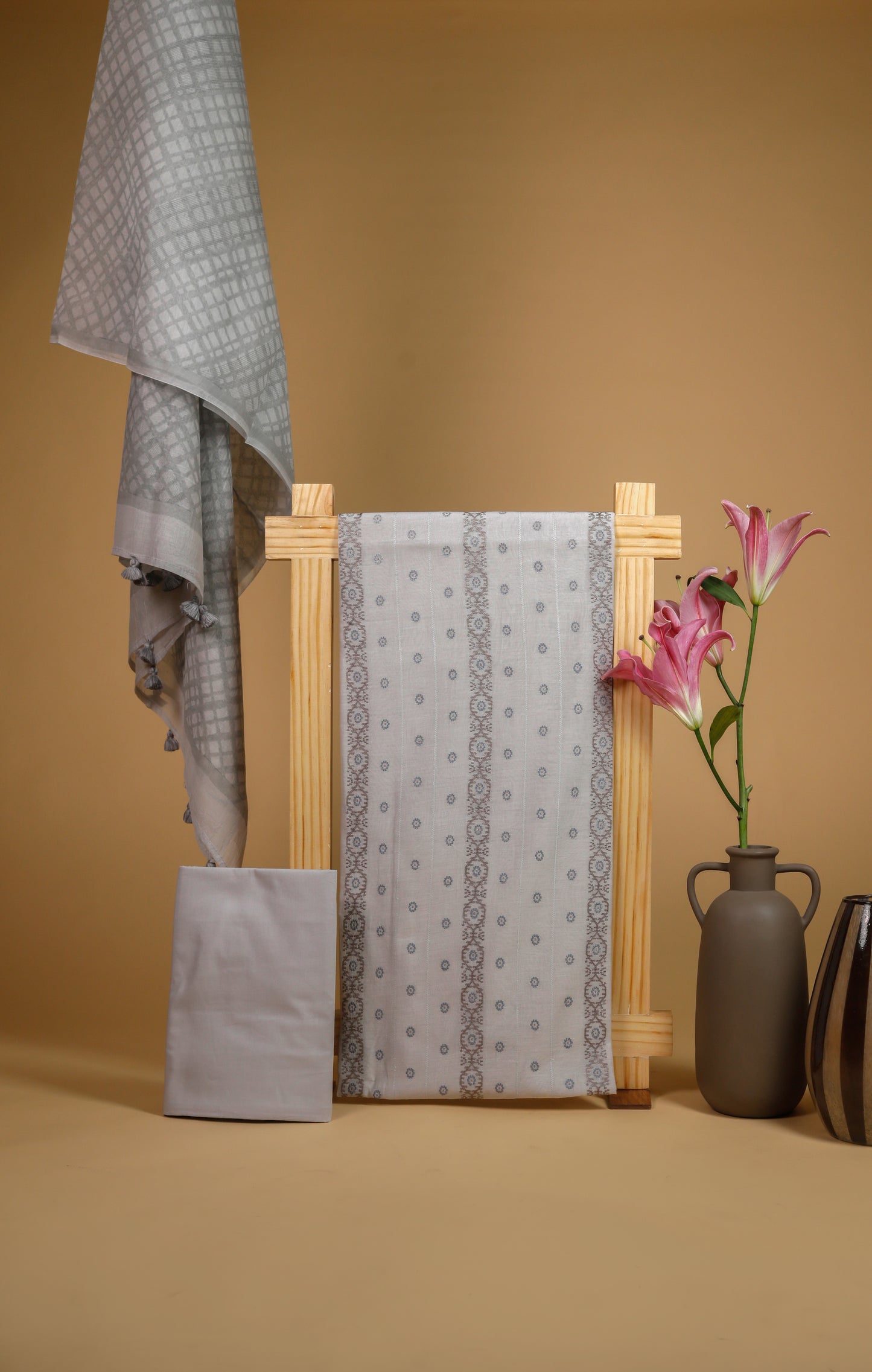 Pure Mul Chanderi Panel Embroidered Suit Piece - Grey