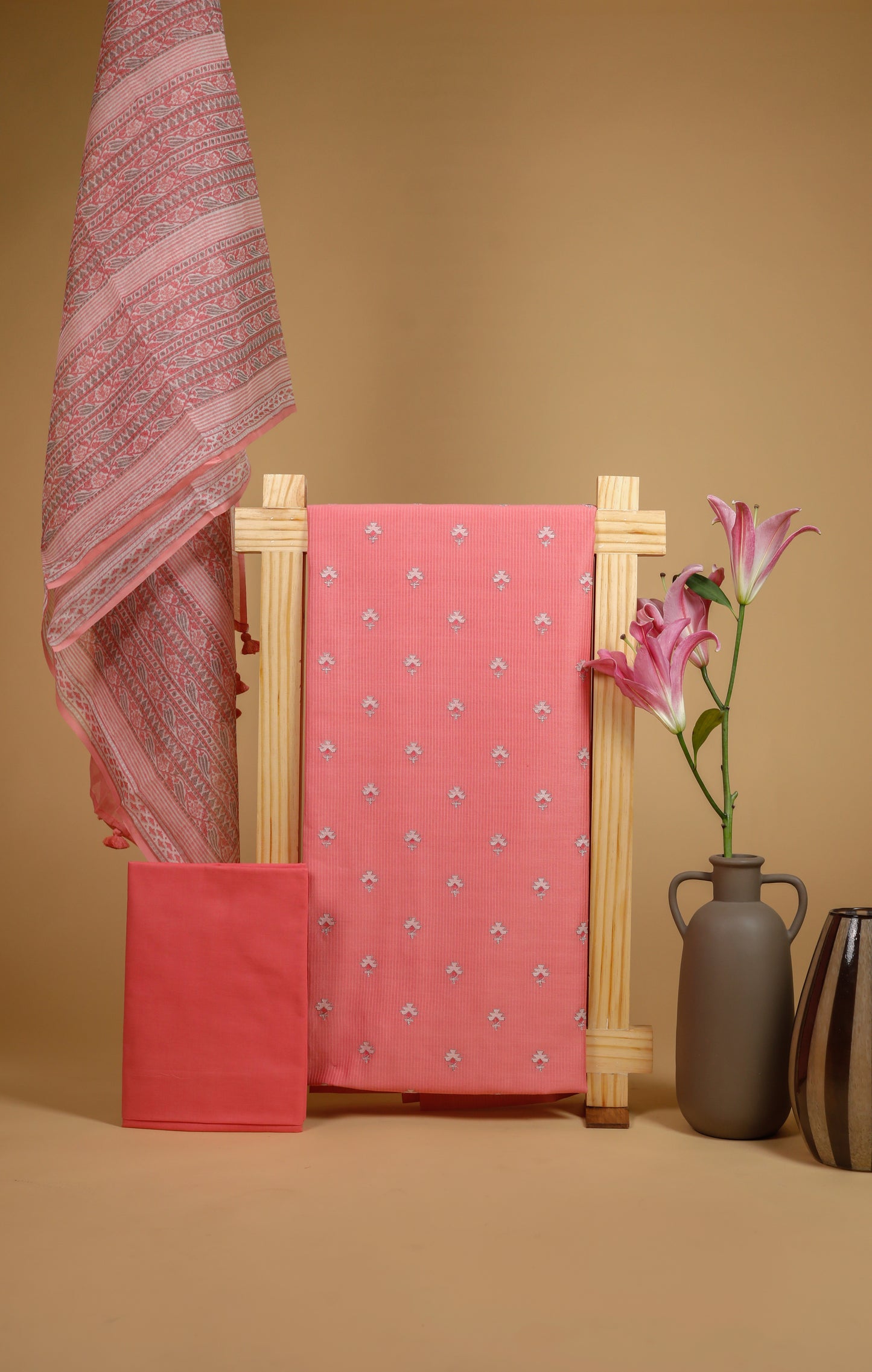 Pure Chanderi Resham Stripe Embroidered Suit Piece - Peach