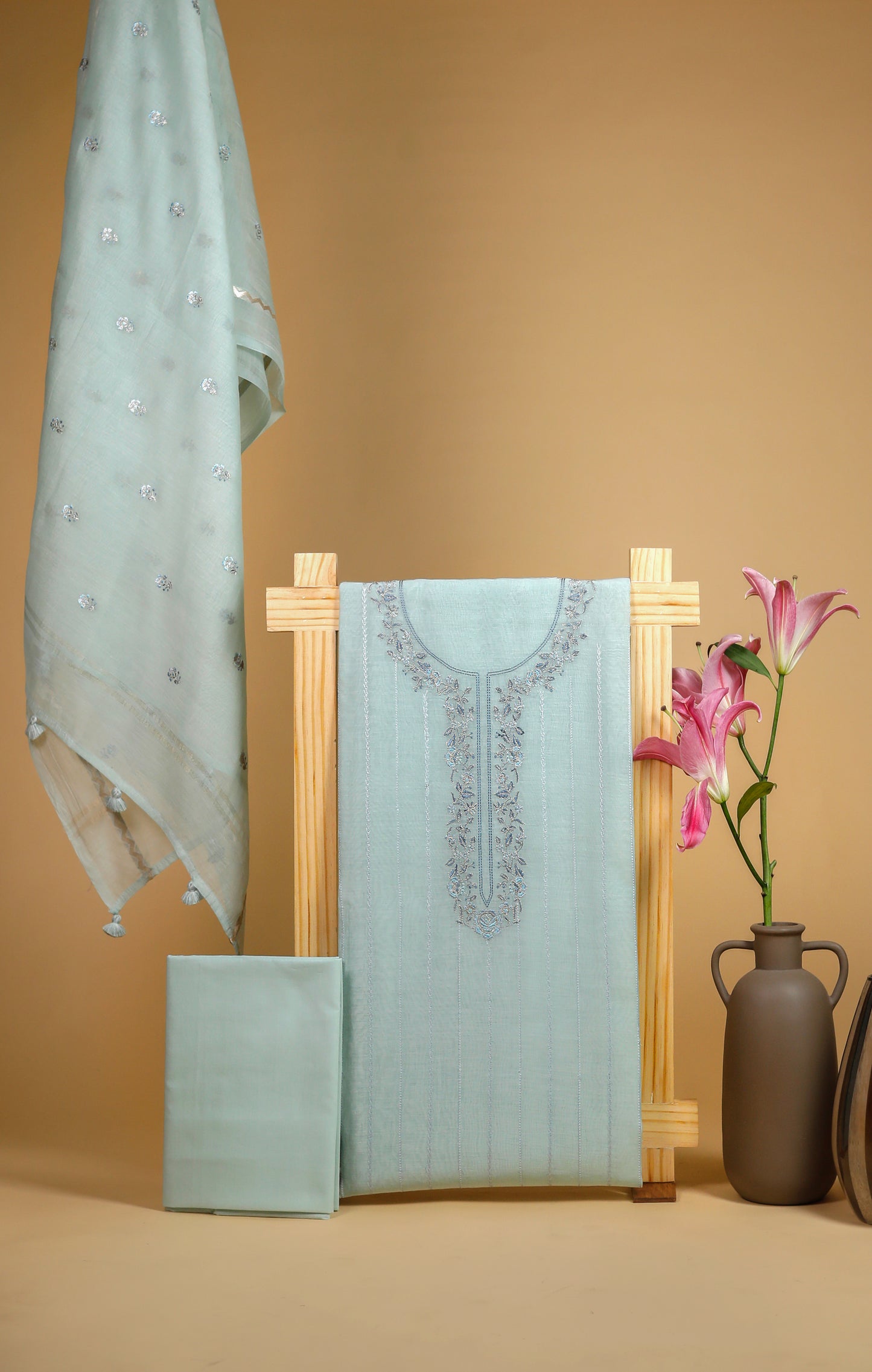 Pure Mul Chanderi Neck Embroidered Suit Piece - Blue