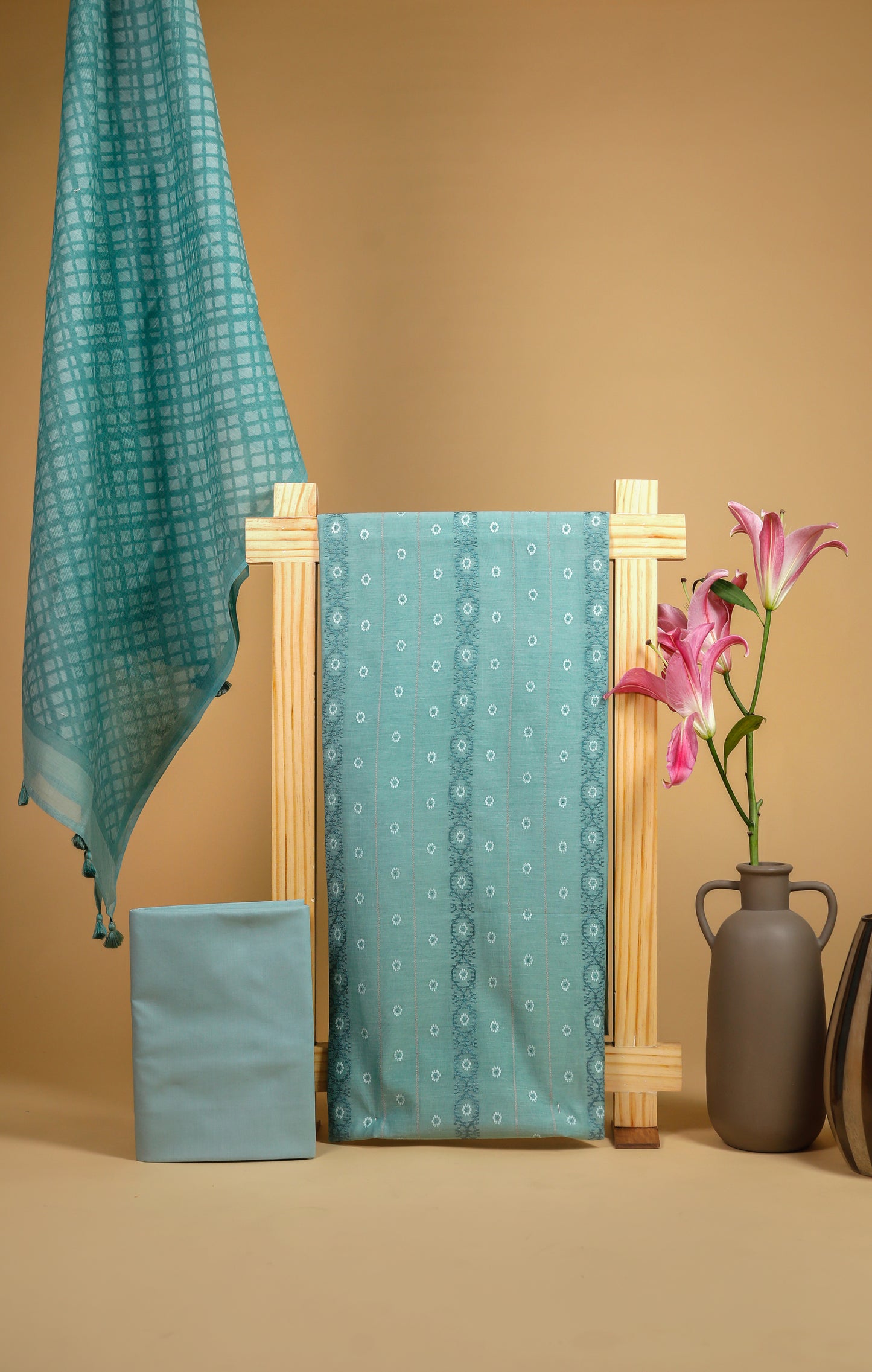 Pure Mul Chanderi Panel Embroidered Suit Piece - Firozi