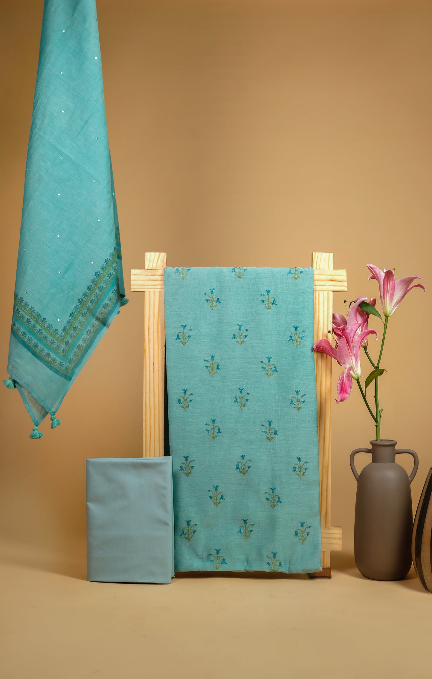 Pure Mul Chanderi Block Printed & Embroidered Suit Piece - Firozi