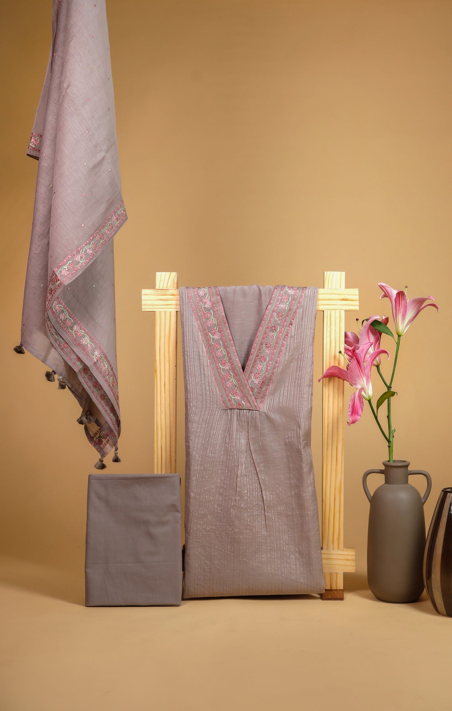 Pure Zari Stripe Mul Chanderi Neck Embroidery Suit Set - Grey