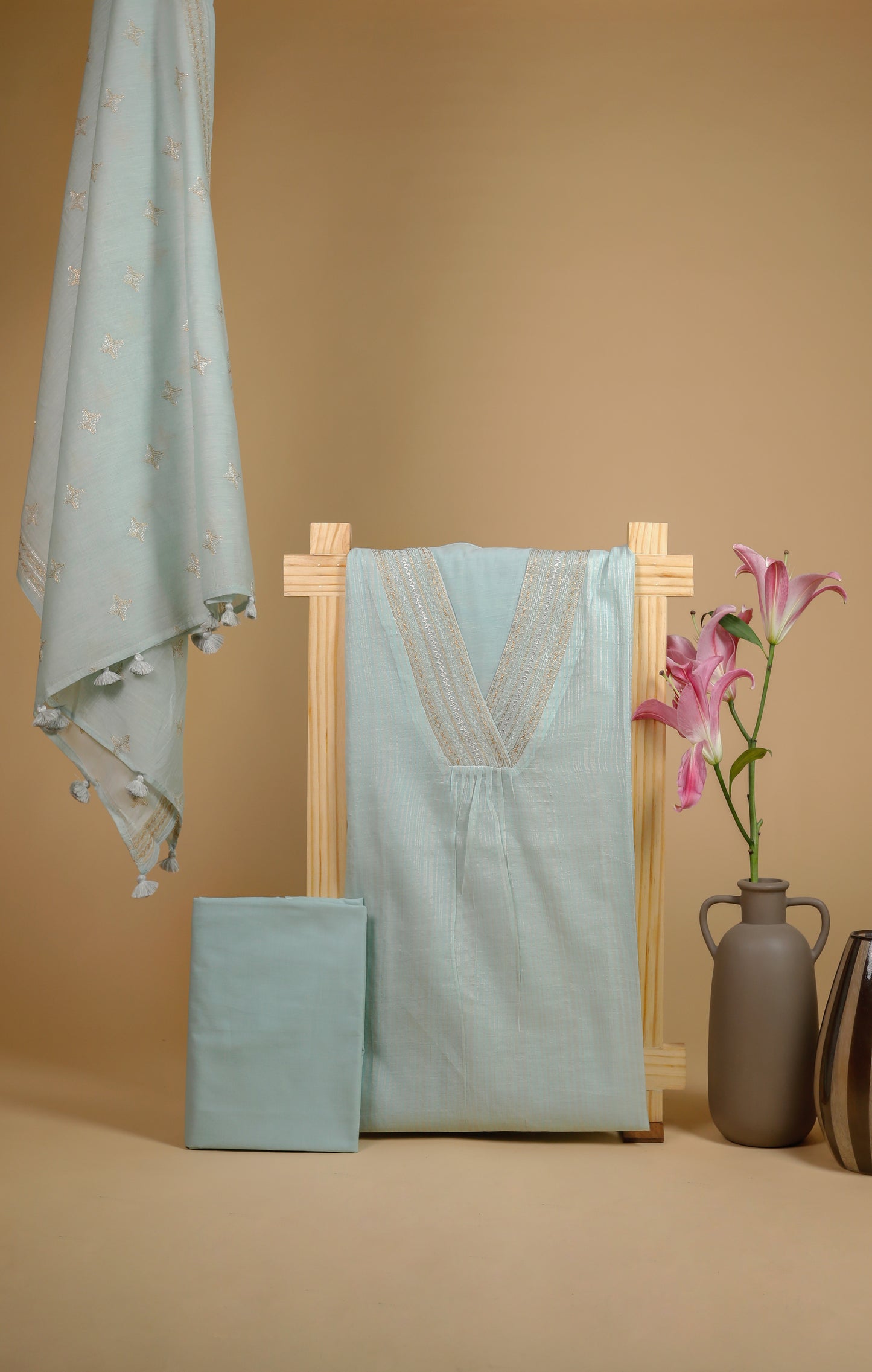 Pure Zari Stripe Mul Chanderi Neck Embroidery Suit Set - Aqua Blue