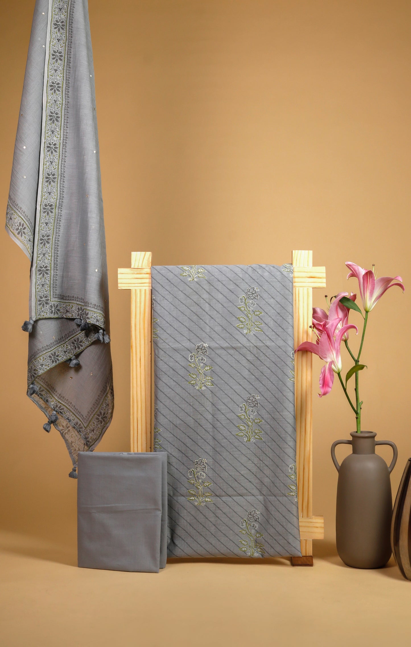 Pure Mul Chanderi Block Printed & Embroidered Suit Piece - Grey