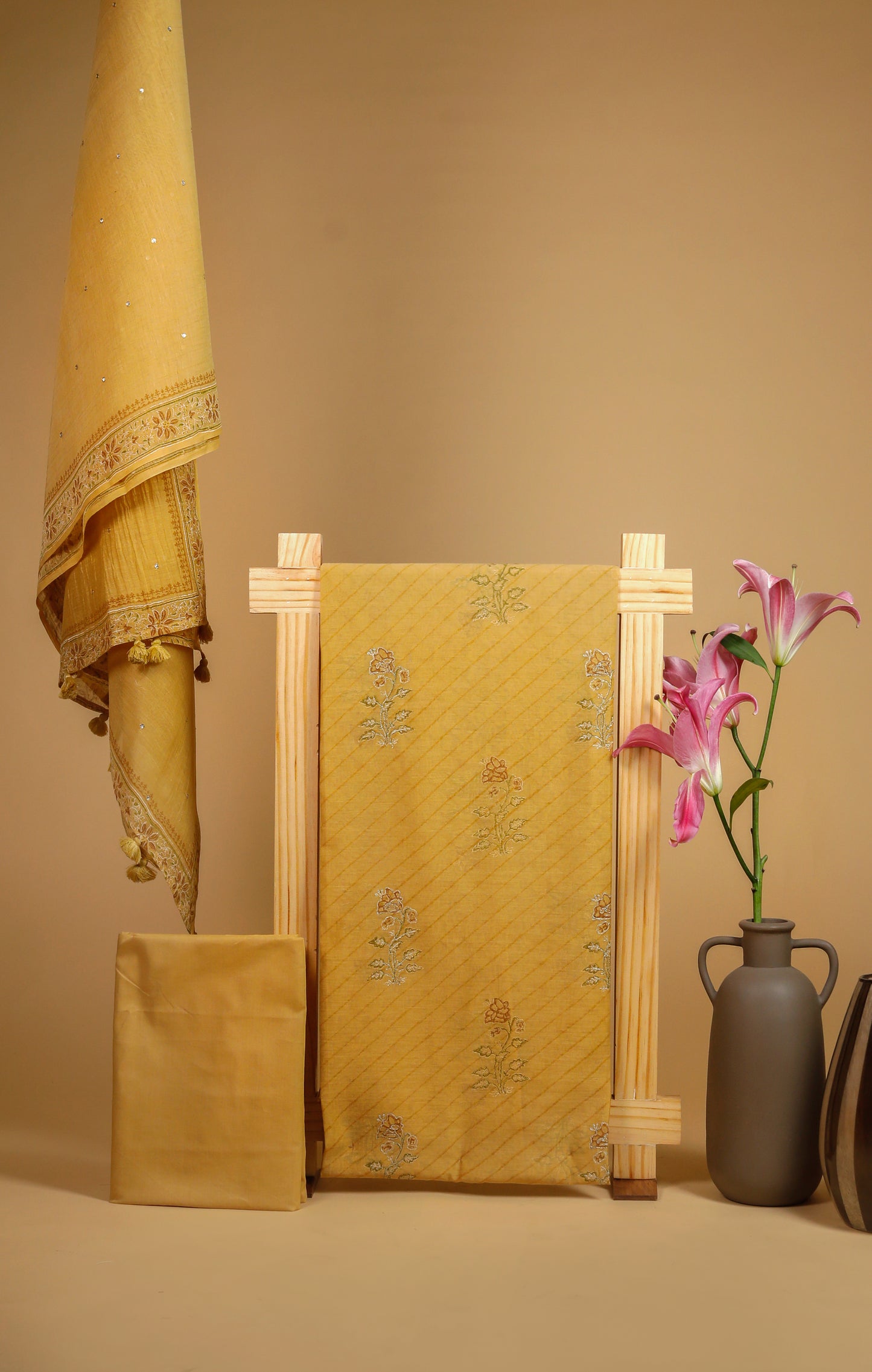 Pure Mul Chanderi Block Printed & Embroidered Suit Piece - Mustard Yellow