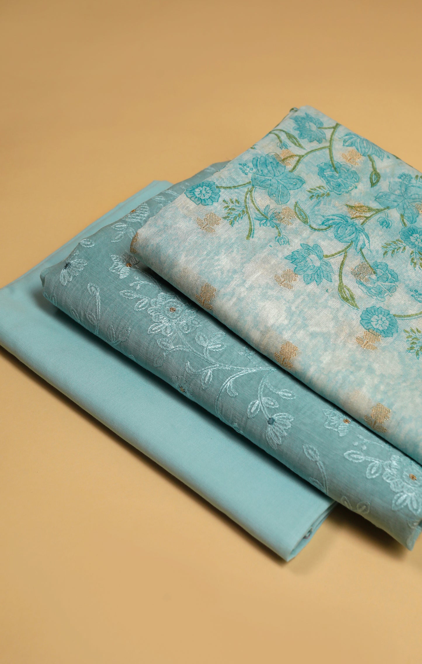 Pure Mul Chanderi All Over Embroidered Suit Set - Blue