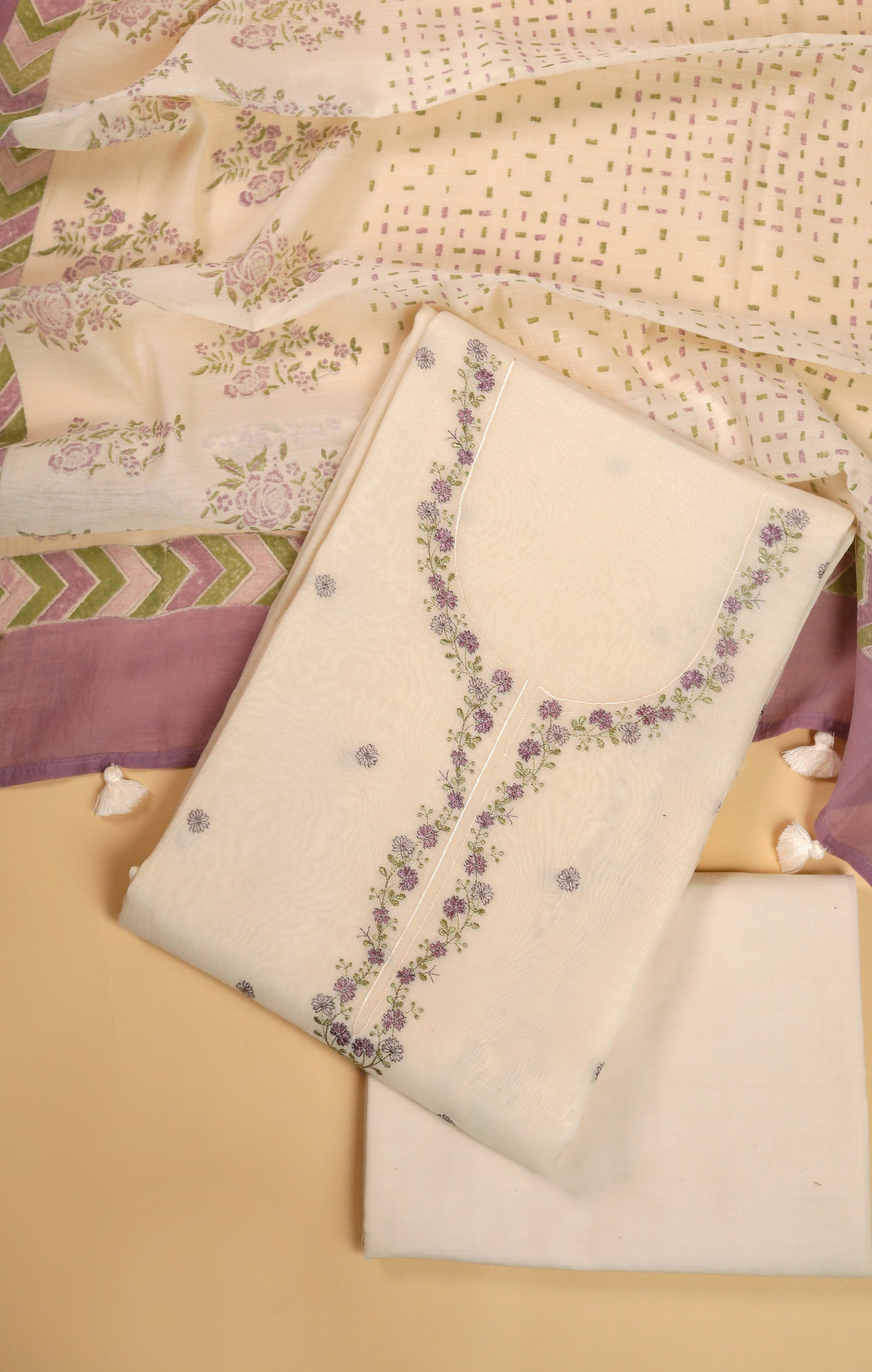 Pure Mul Chanderi Offwhite Neck Embroidered Suit Set - Purple