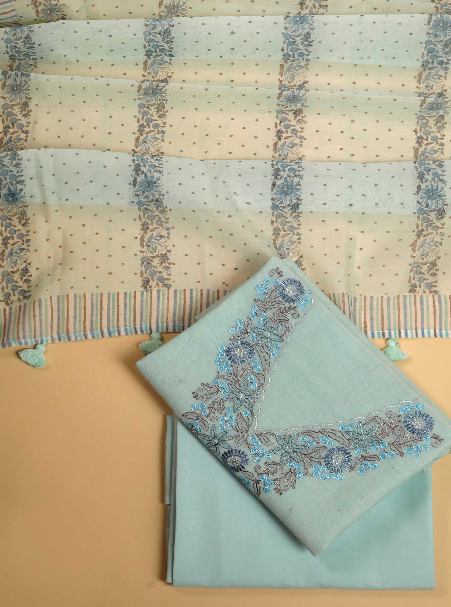 Pure Mul Chanderi Embroidered & Printed Aqua Suit Piece