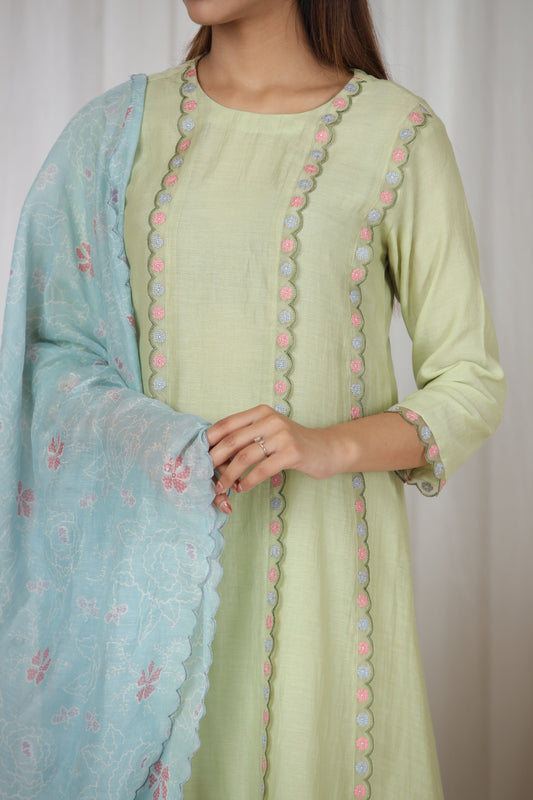 Darya Panelled Kurta Set - Pista