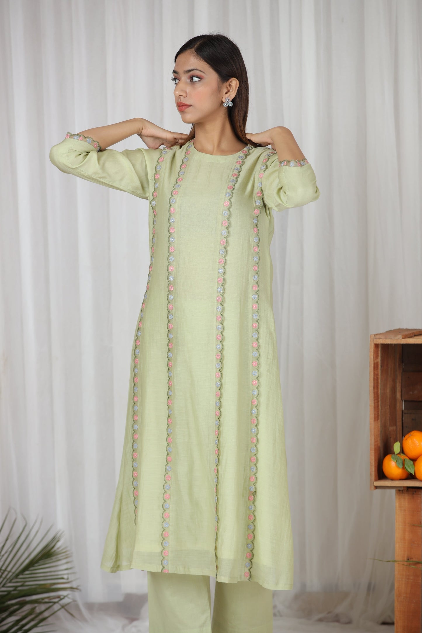 Darya Panelled Kurta Set - Pista
