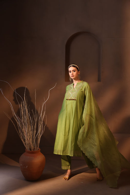 Tuhi Yoke Embroidered Kurta Set - Green