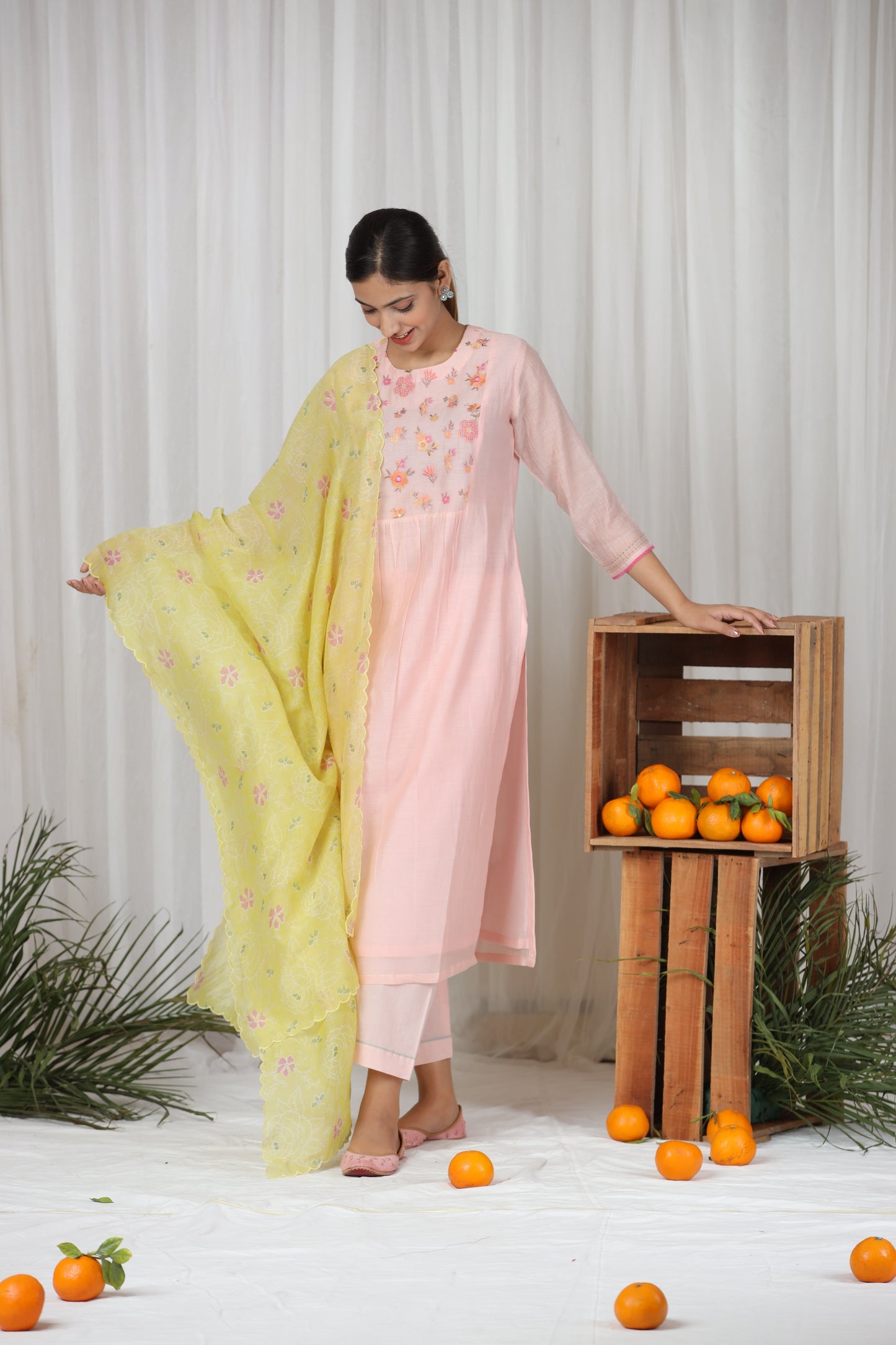 Alifya Embroidered Yoke Kurta Set - Light Pink