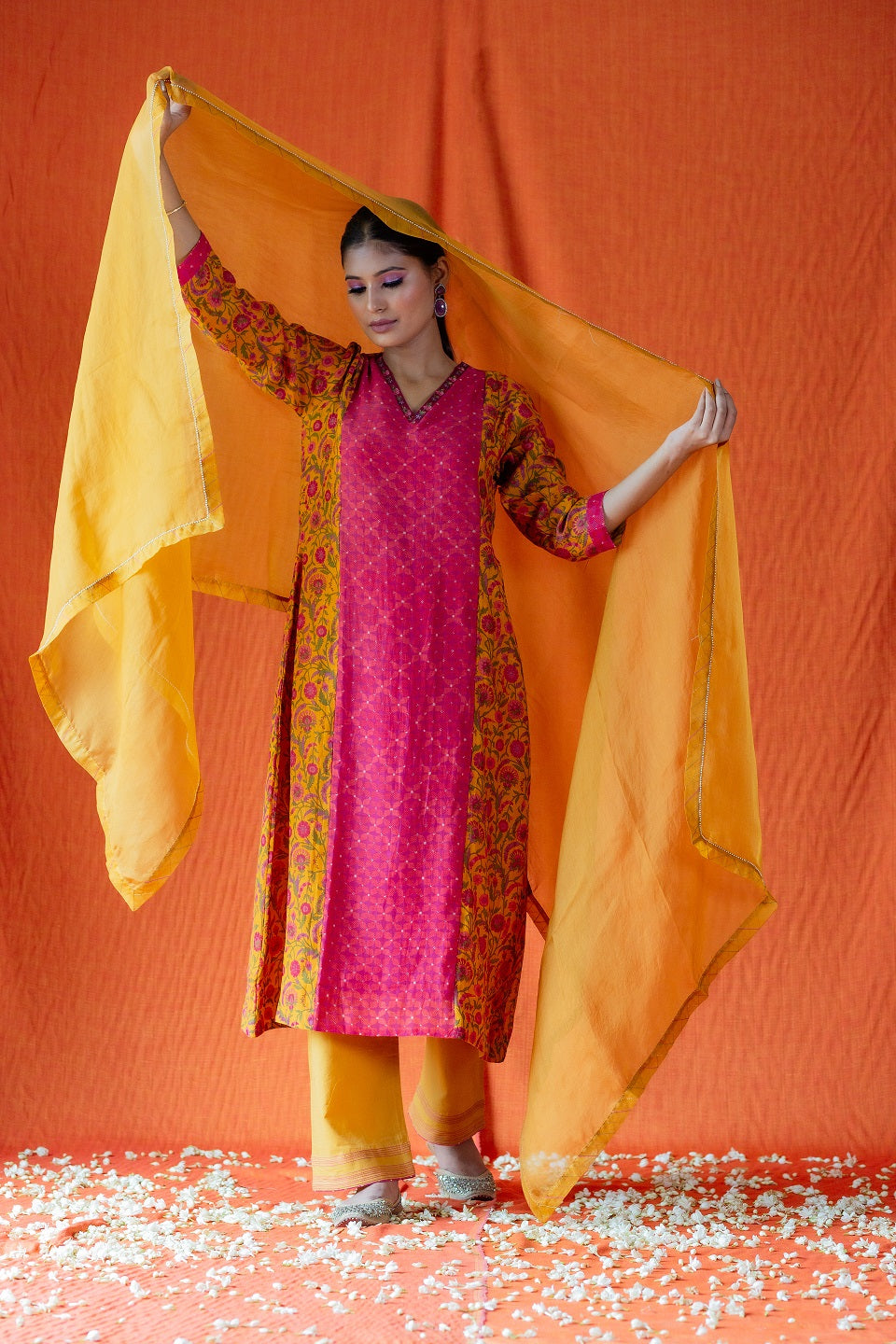Panel printed Kurta Set - Mustard