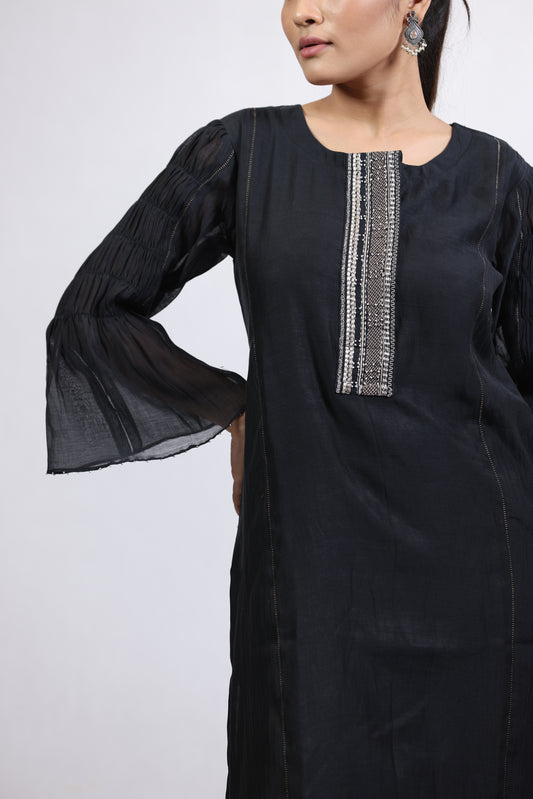 Placket Kurta Pant Set - Black