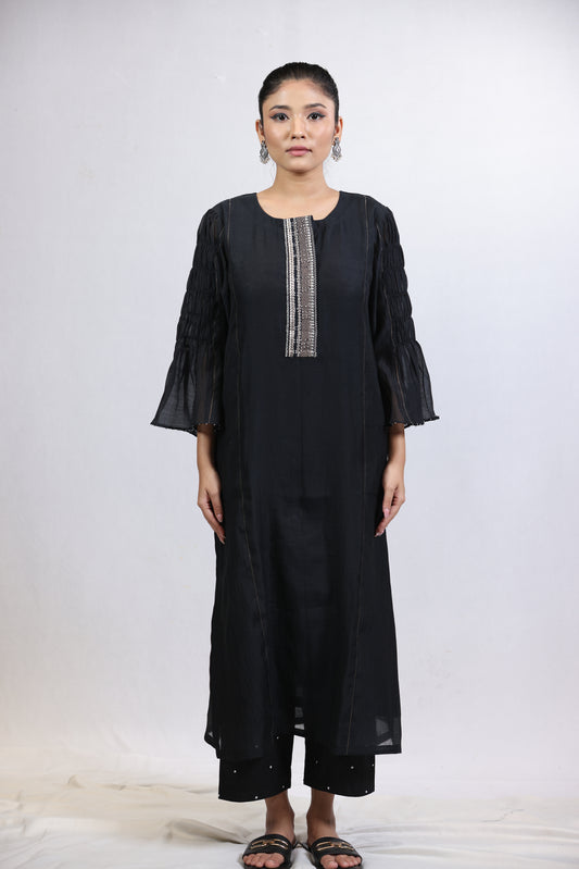 Placket Kurta Pant Set - Black