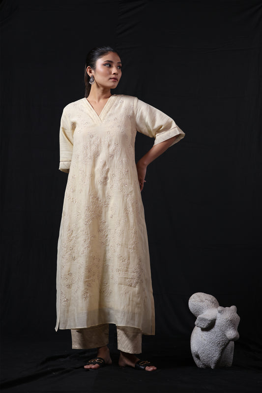 Hexagon Kurta Pant Set - Offwhite