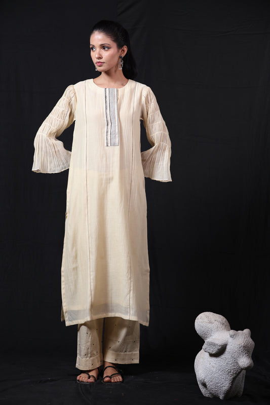 Placket Kurta Pant Set - Offwhite