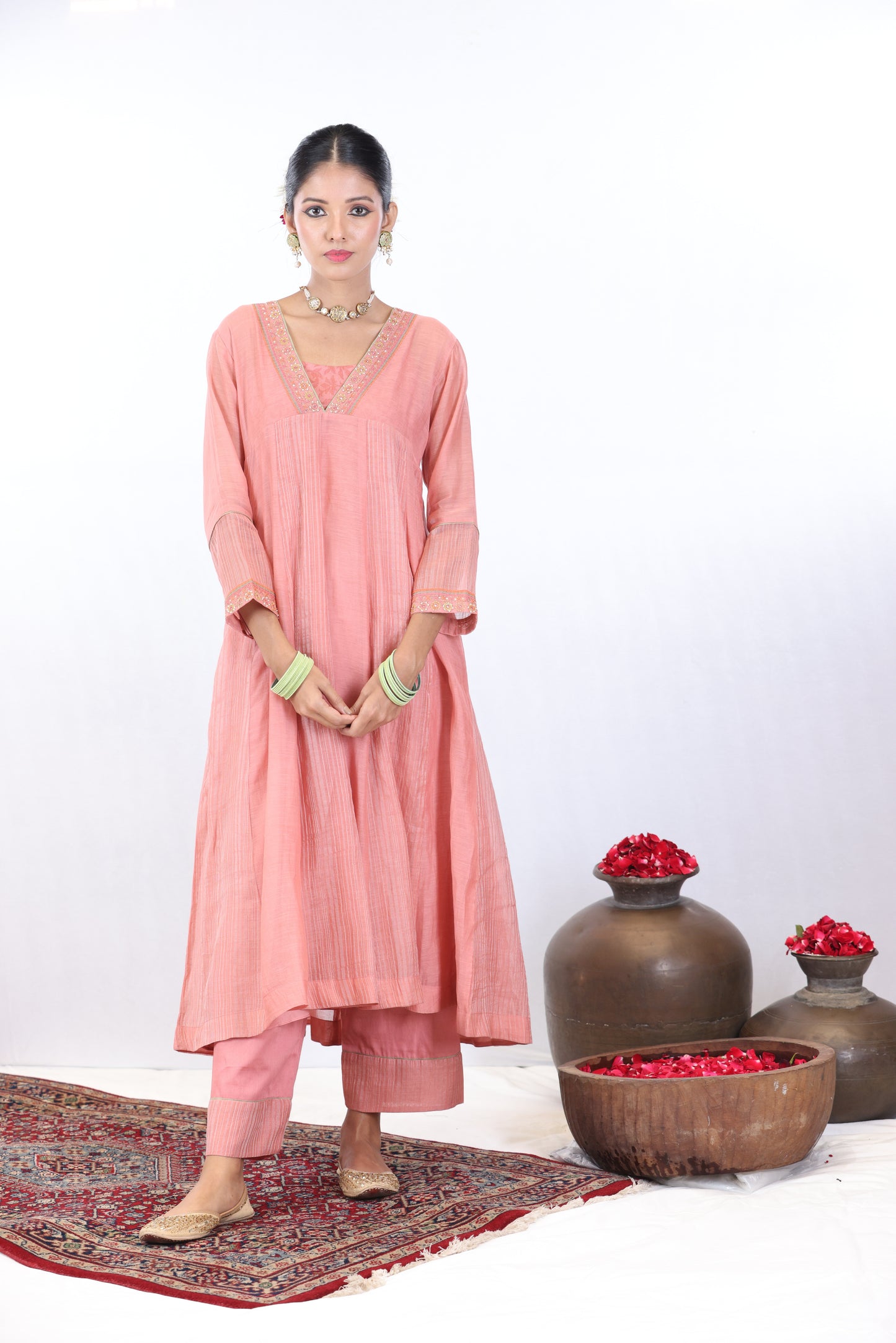 Falak Panelled Kurta Set - Peach