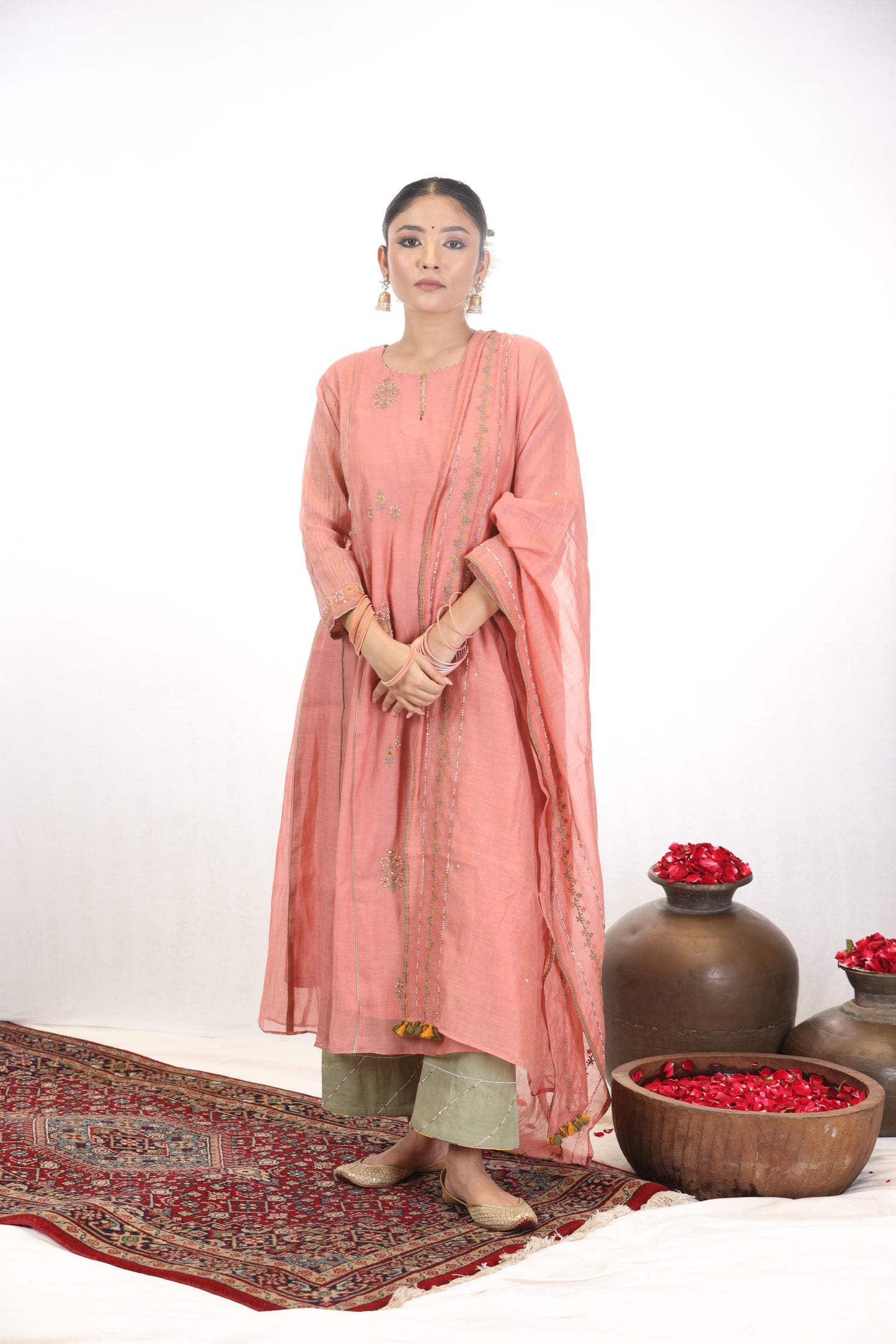 Shubh Panel Embroidered Kurta Set - Peach