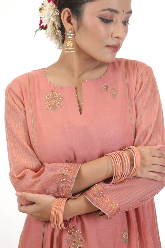 Shubh Panel Embroidered Kurta Set - Peach