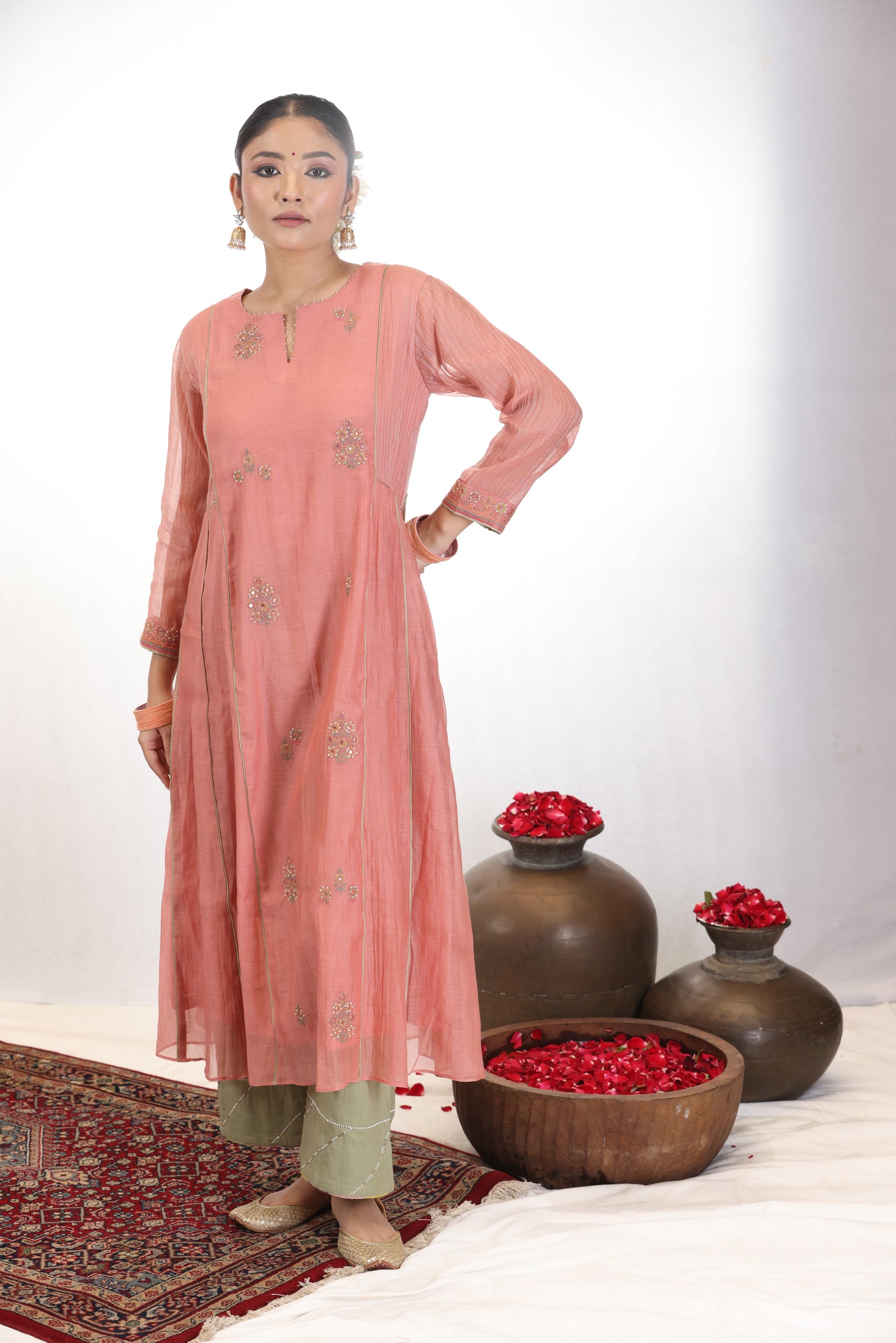 Shubh Panel Embroidered Kurta Set - Peach