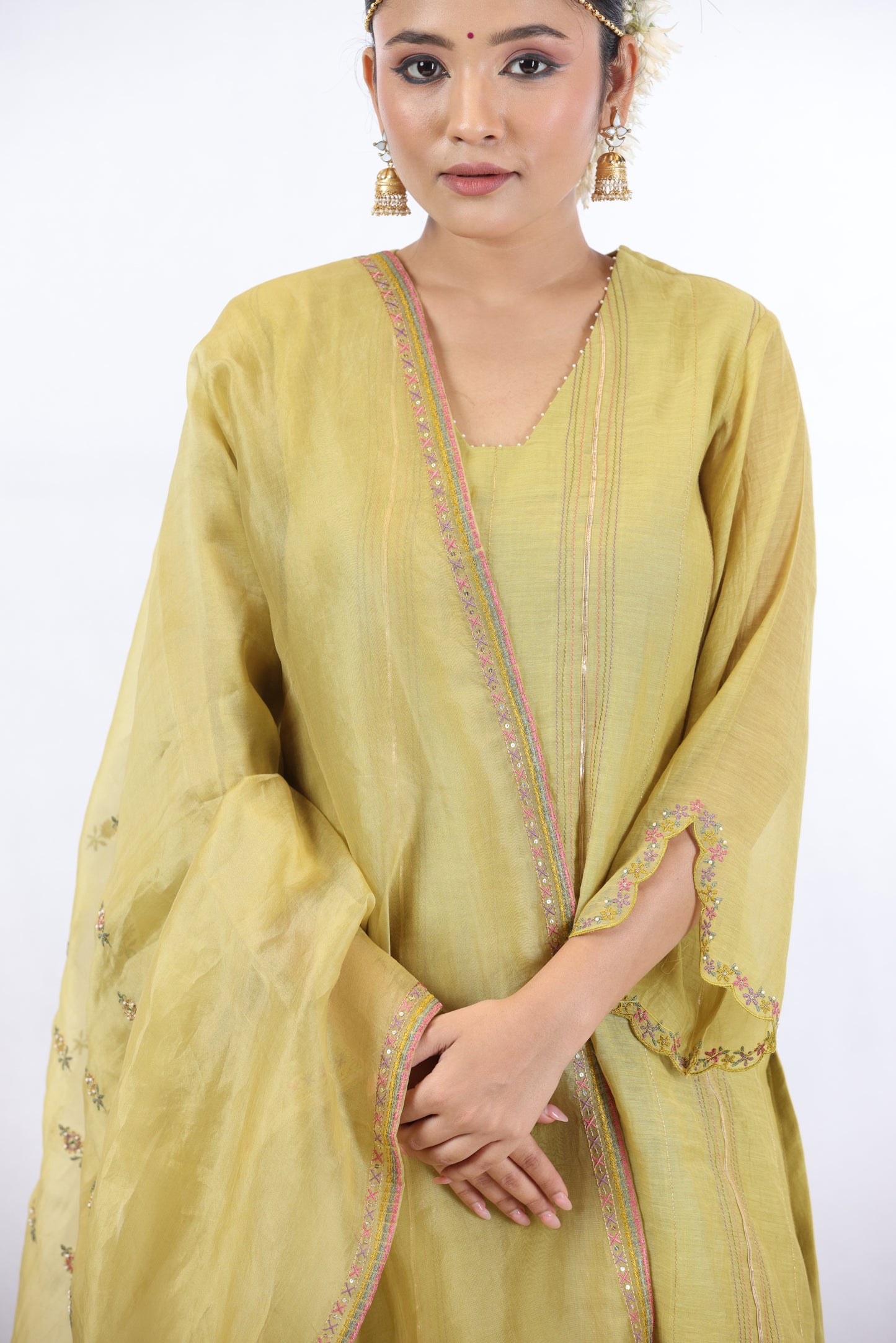 Shashi Pintuck Kurta Set - Lemon yellow