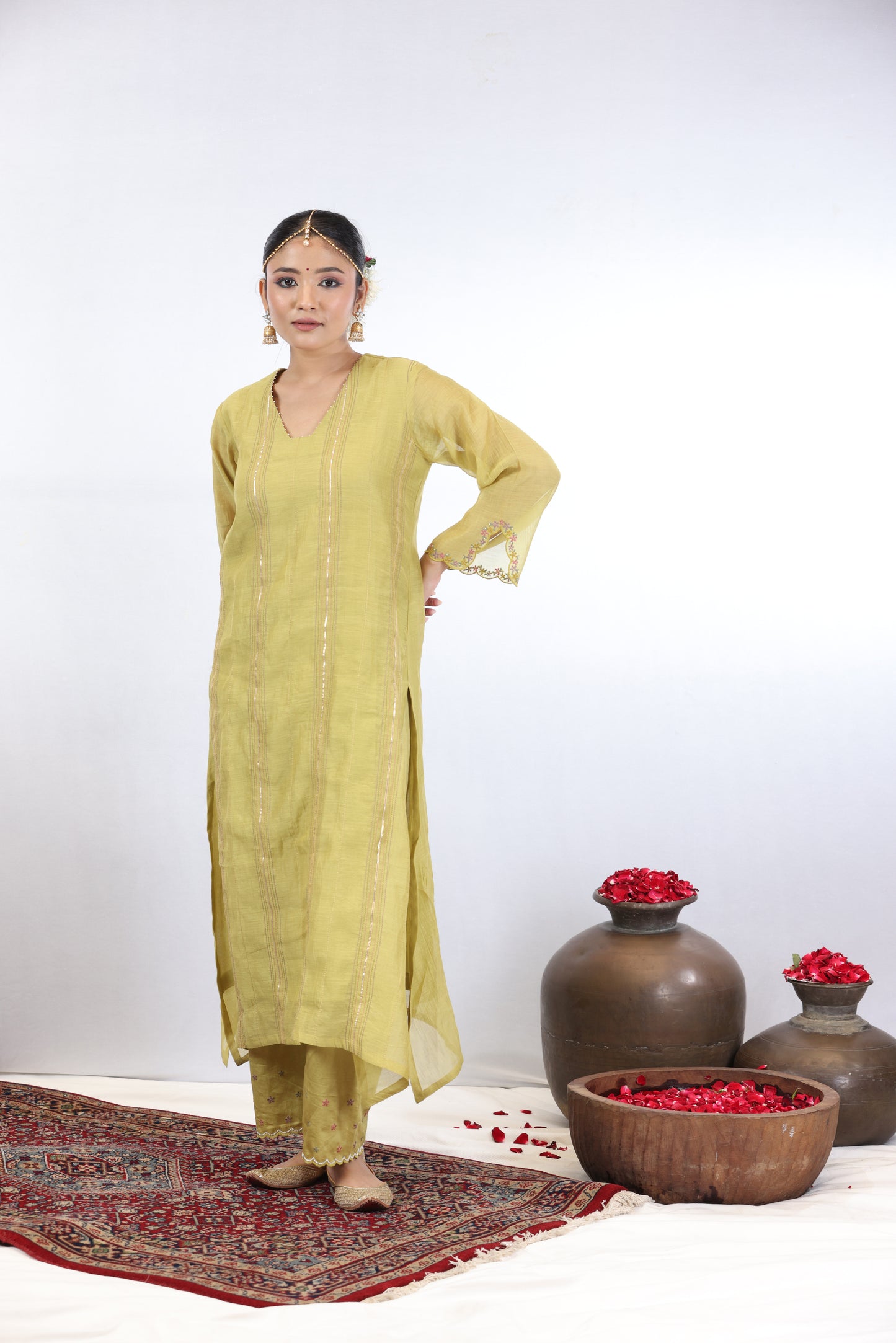 Shashi Pintuck Kurta Set - Lemon yellow