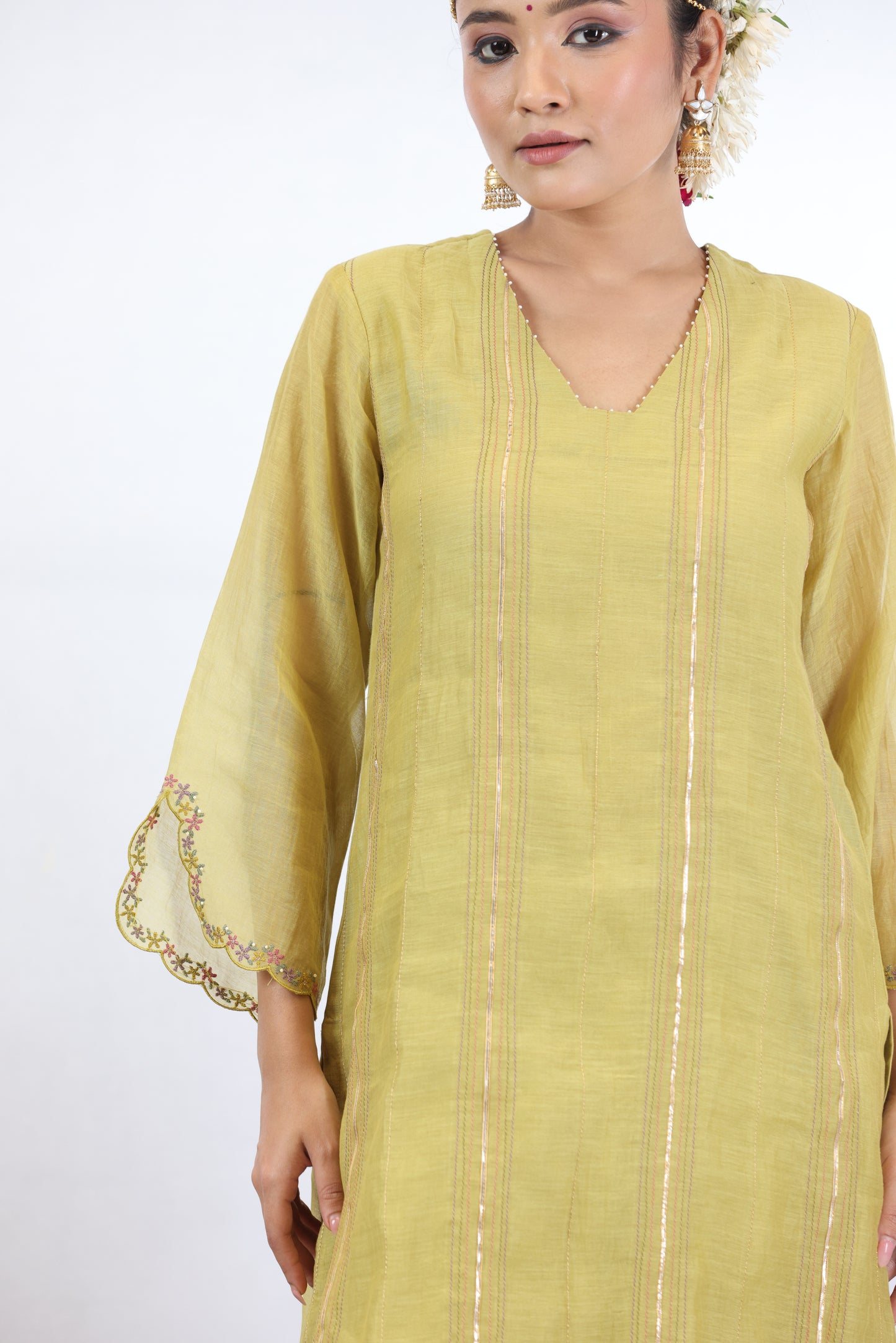 Shashi Pintuck Kurta Set - Lemon yellow