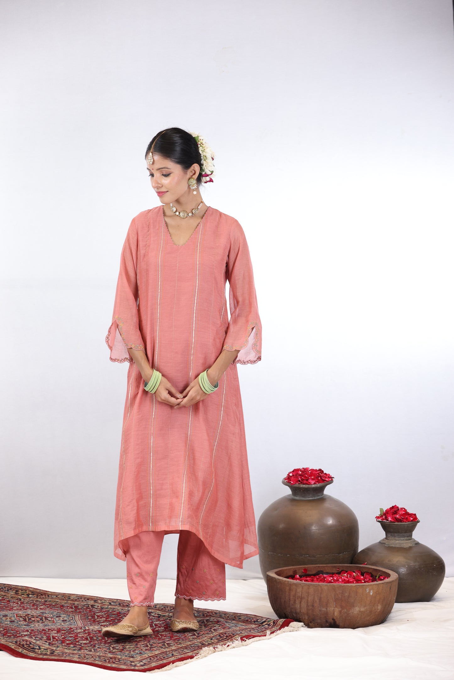 Shashi Pintuck Kurta Set - Peach