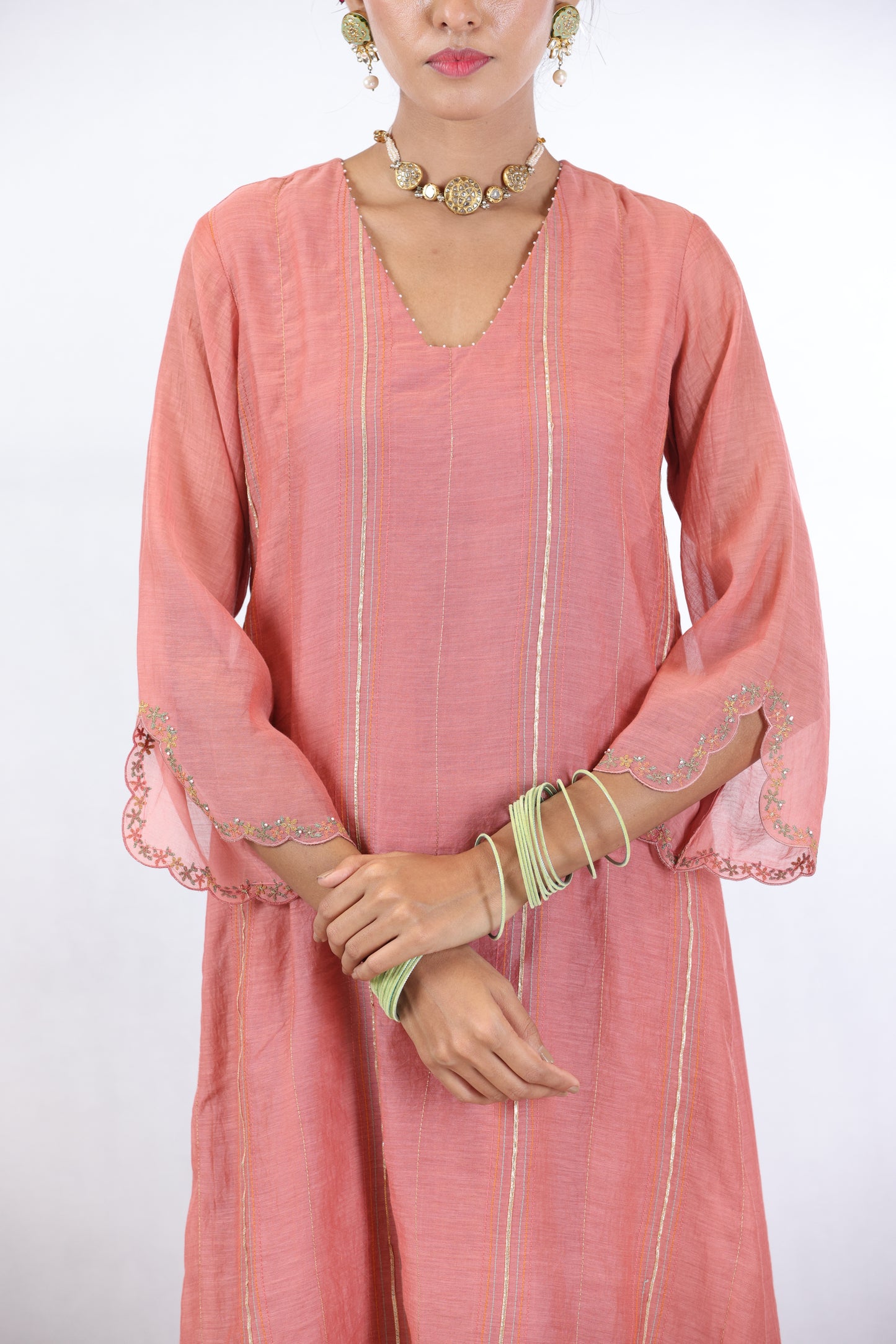 Shashi Pintuck Kurta Set - Peach