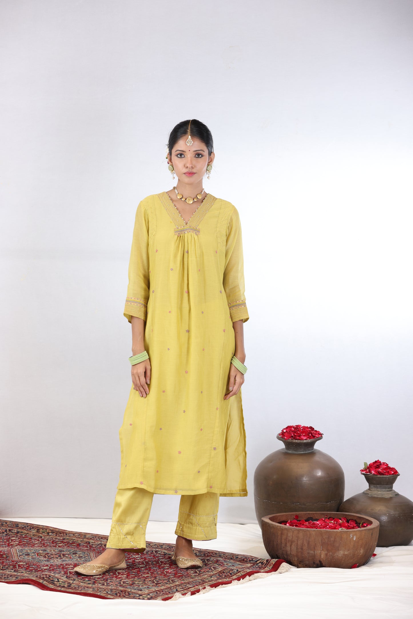 Indu Embroidered Kurta Set - Lemon yellow