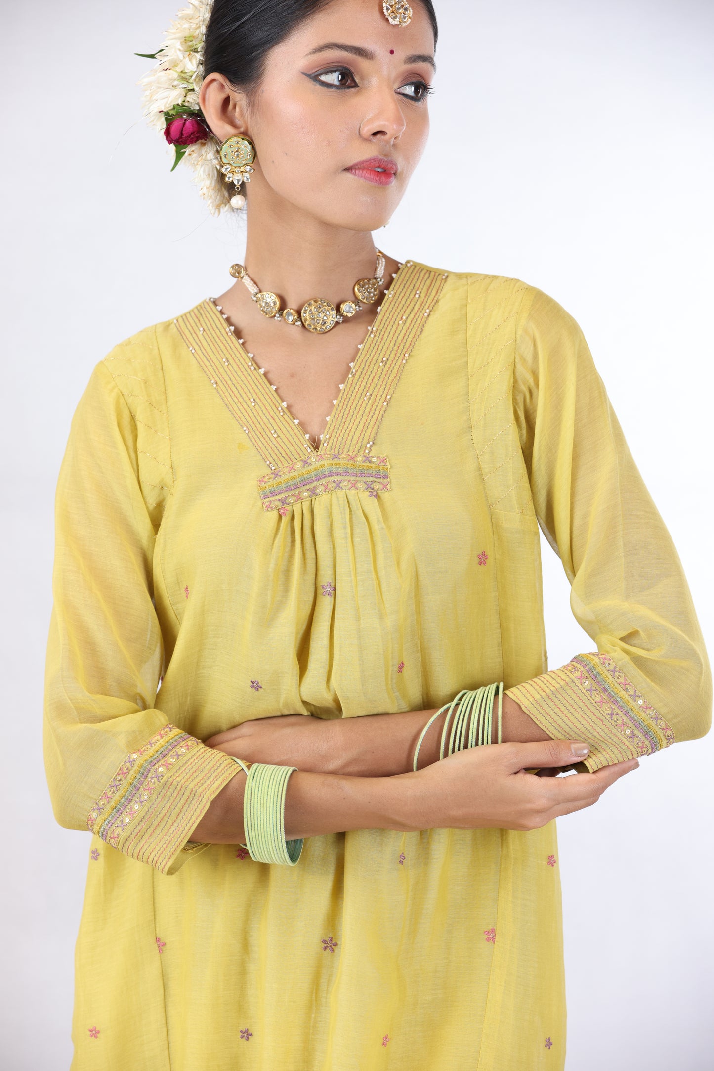 Indu Embroidered Kurta Set - Lemon yellow