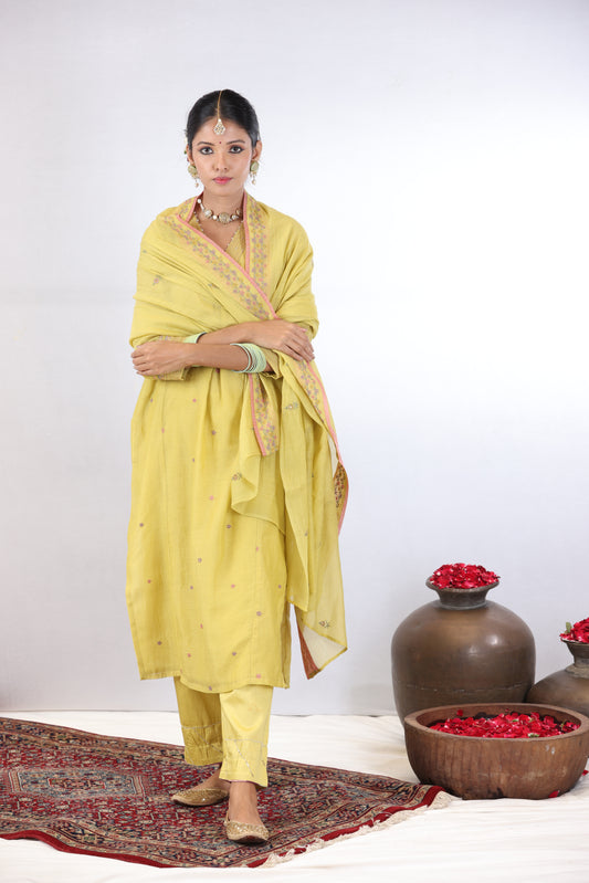 Indu Embroidered Kurta Set - Lemon yellow