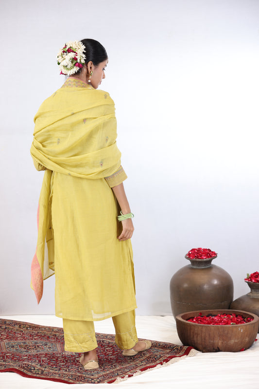 Indu Embroidered Kurta Set - Lemon yellow