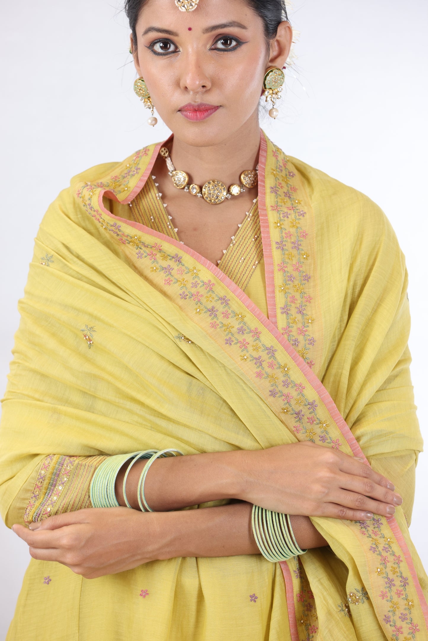 Indu Embroidered Kurta Set - Lemon yellow