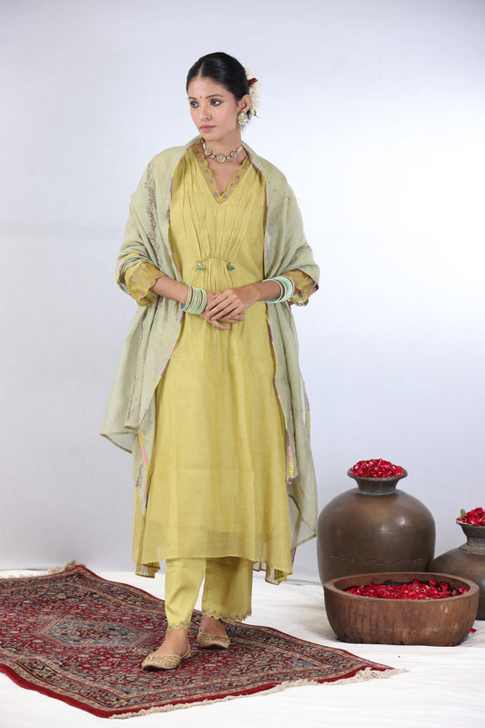 Dia Gathered Kurta Set - Lemon Yellow