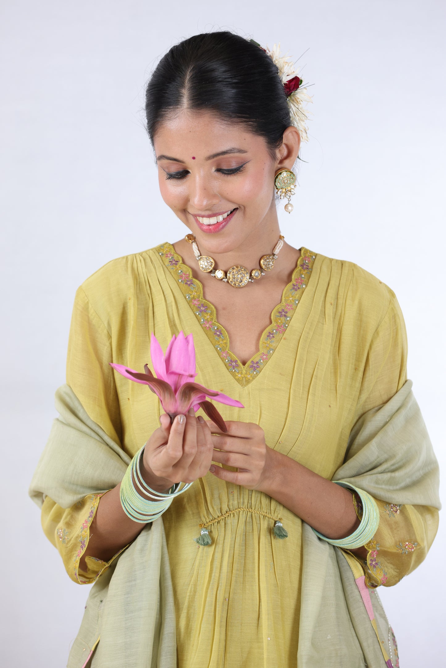 Dia Gathered Kurta Set - Lemon Yellow