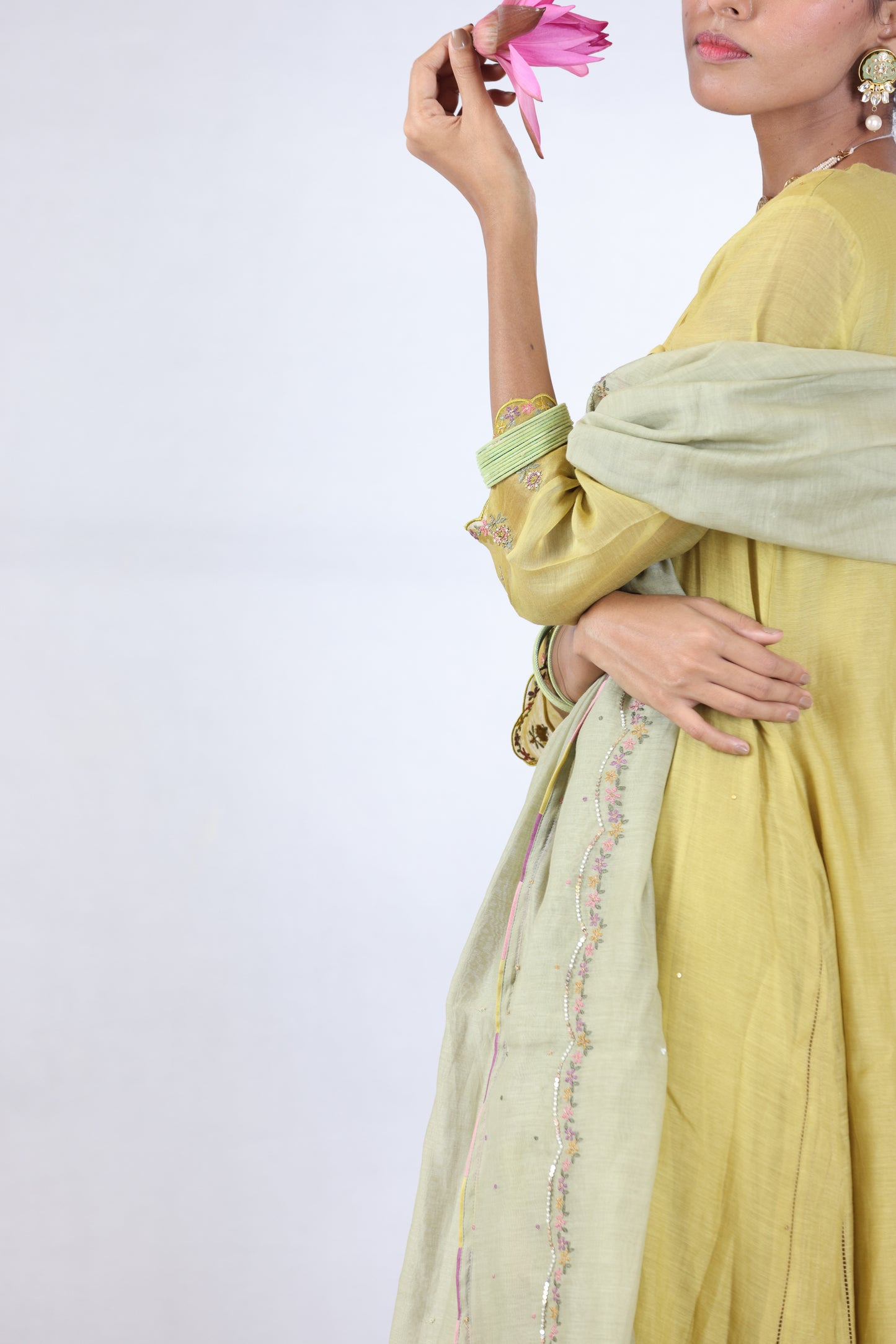 Dia Gathered Kurta Set - Lemon Yellow